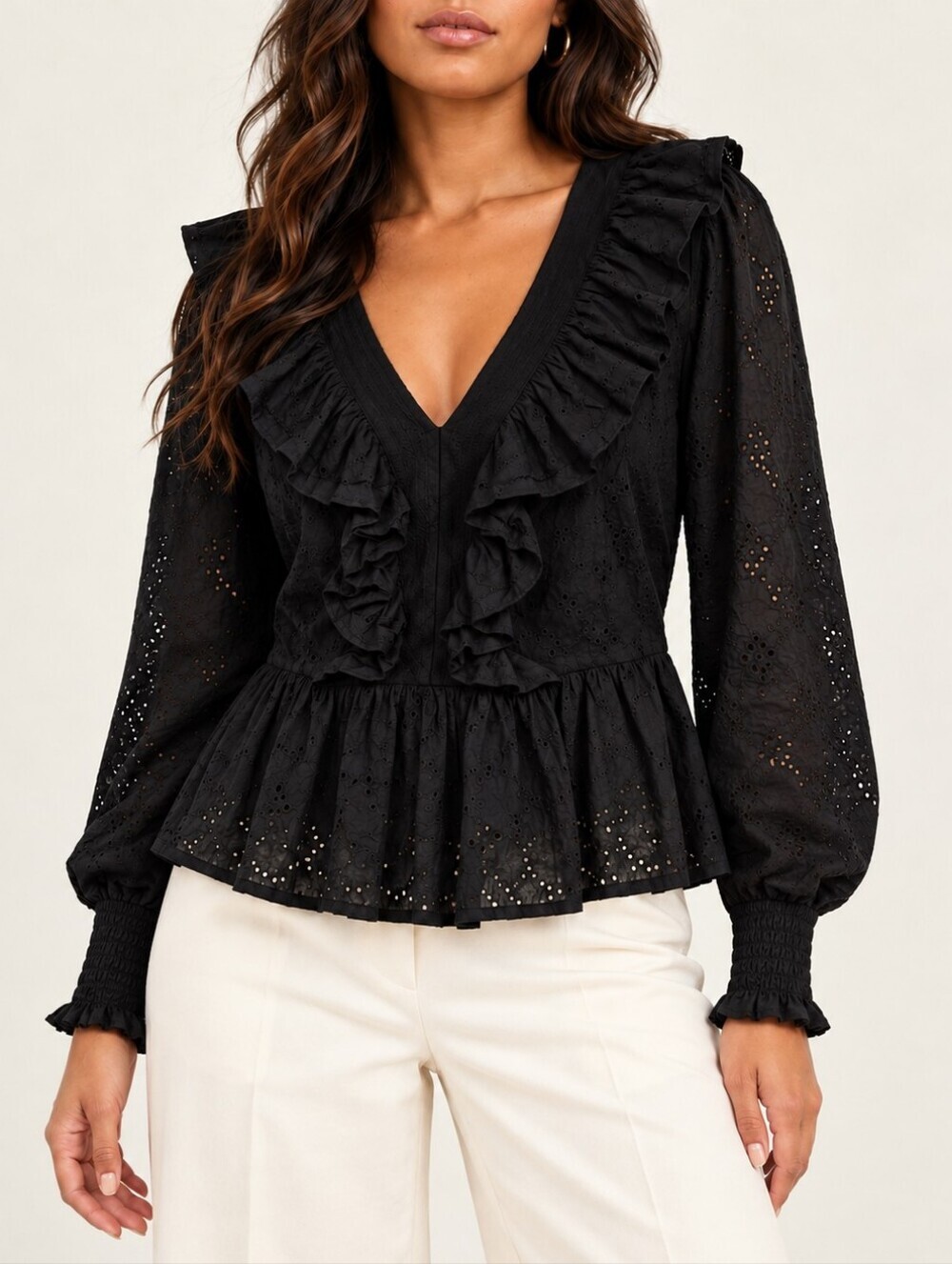 Y.A.S Black 100% Cotton Eyelet Ruffle Blouse Broderie Anglaise Romantic Boho S